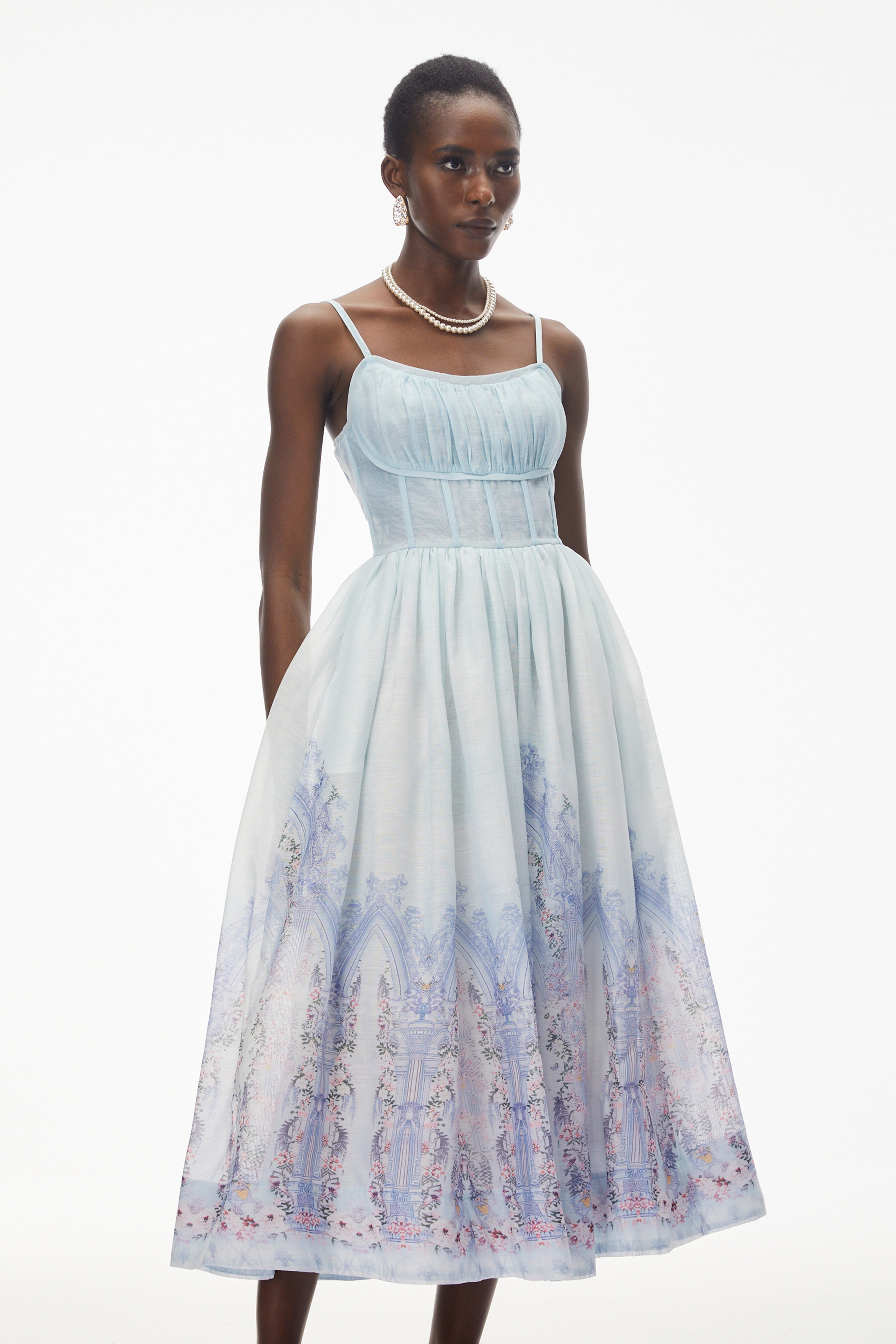 Iris Blue Sleeveless Ruched Midi Dress