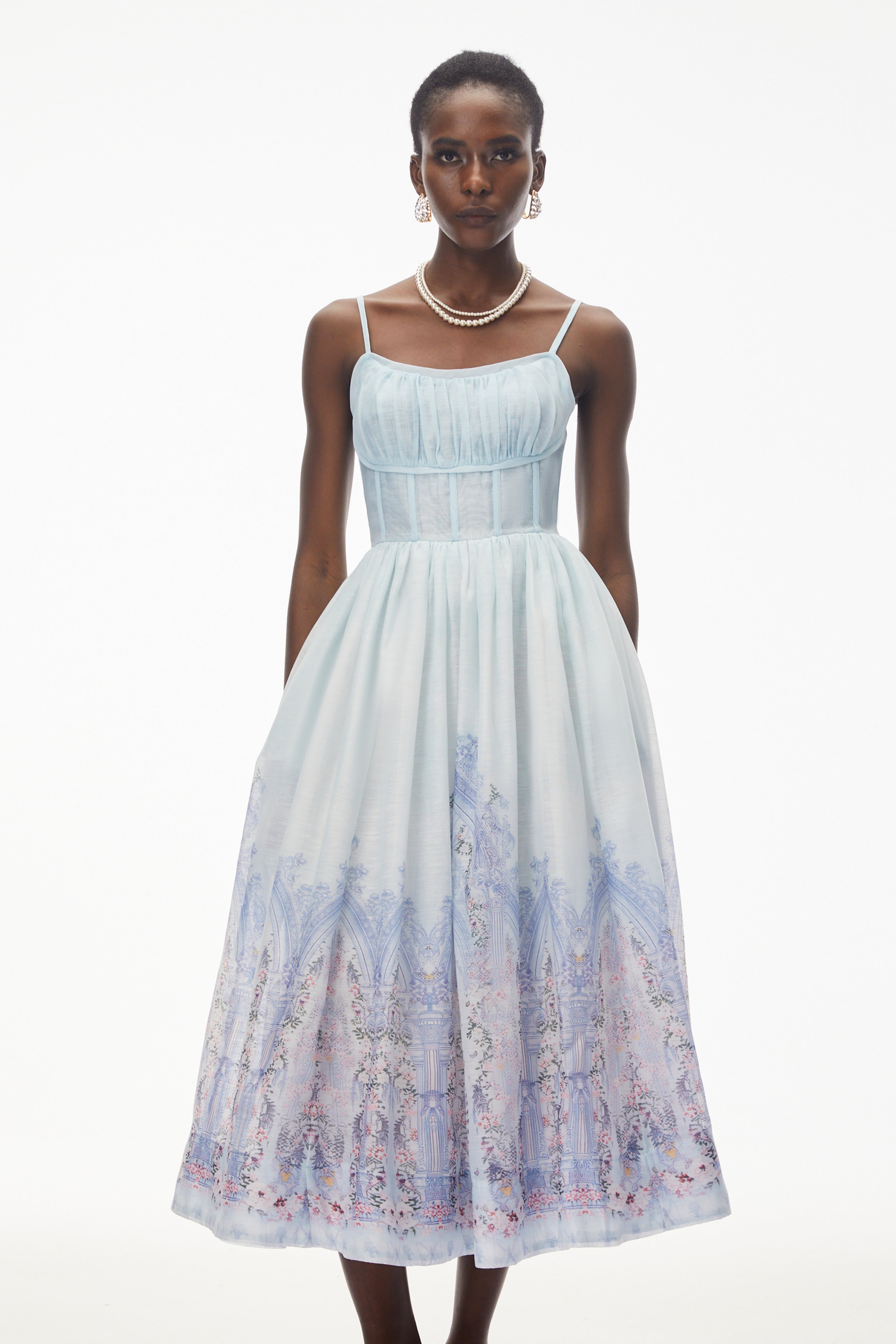 Iris Blue Sleeveless Ruched Midi Dress