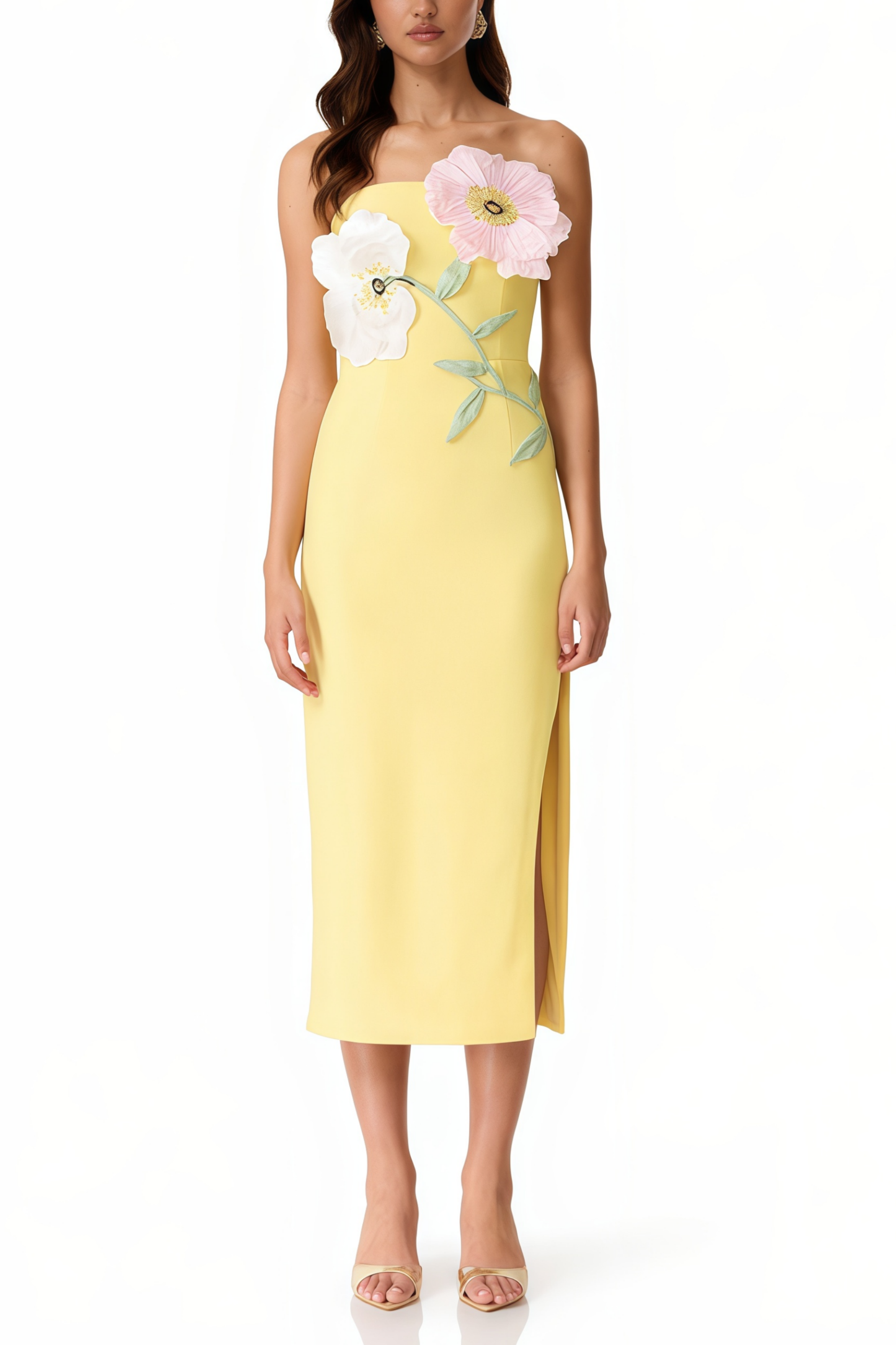 Jacqueline Yellow Floral Appliqué Midi Dress