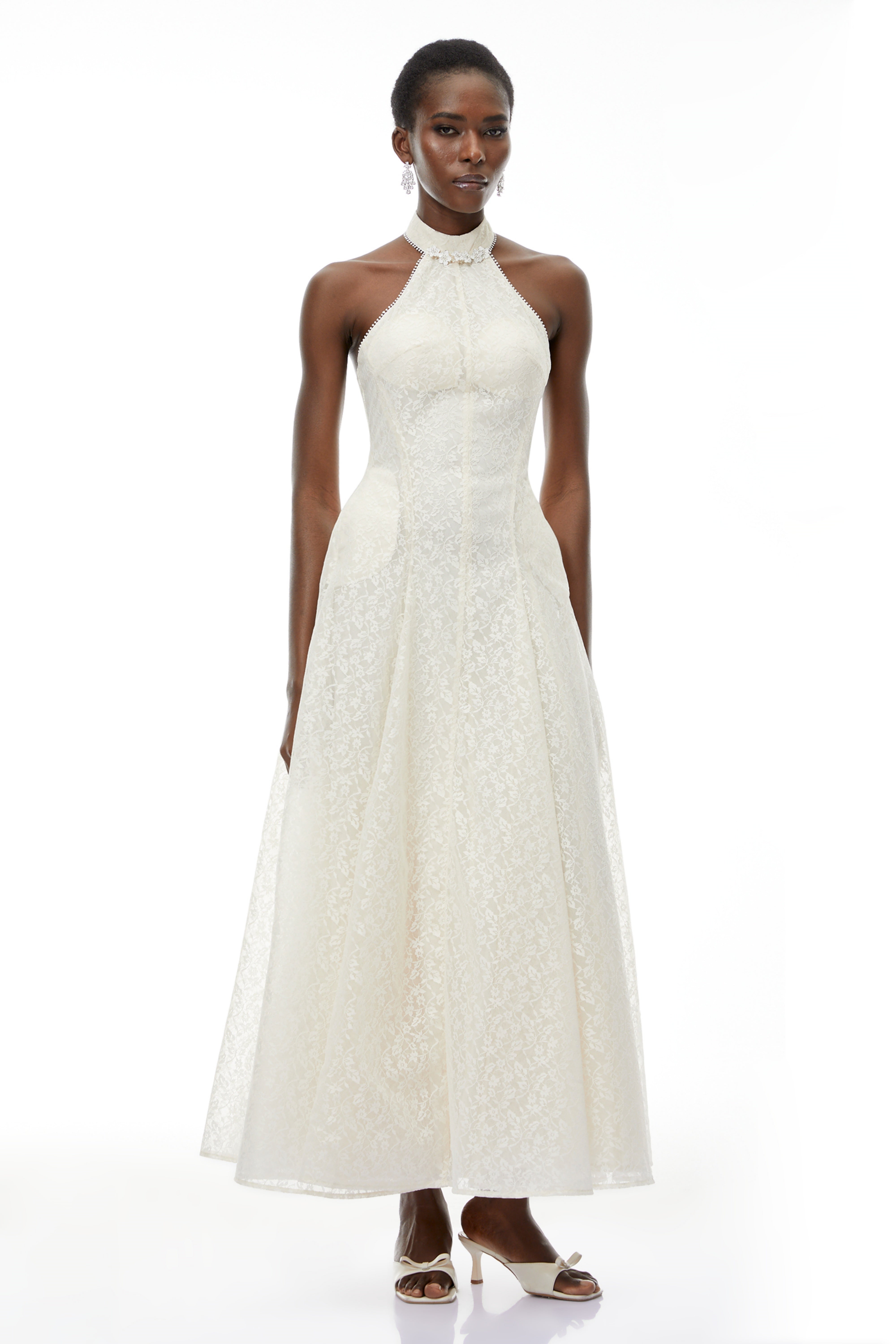 Juliet Cream White Halterneck Floral Lace Maxi Dress