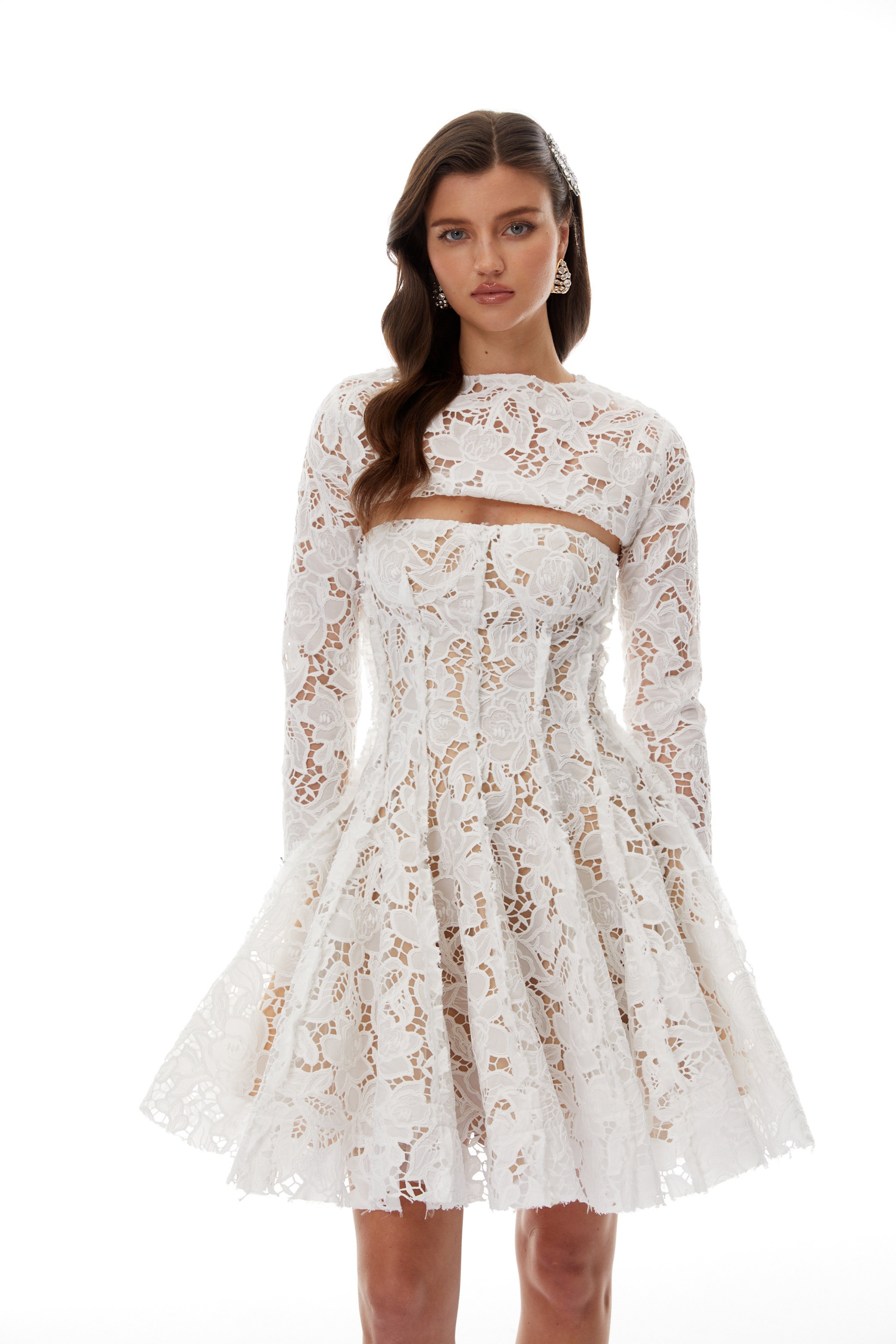 Leif White Lace Overlay Mini Dress with Lace Cape