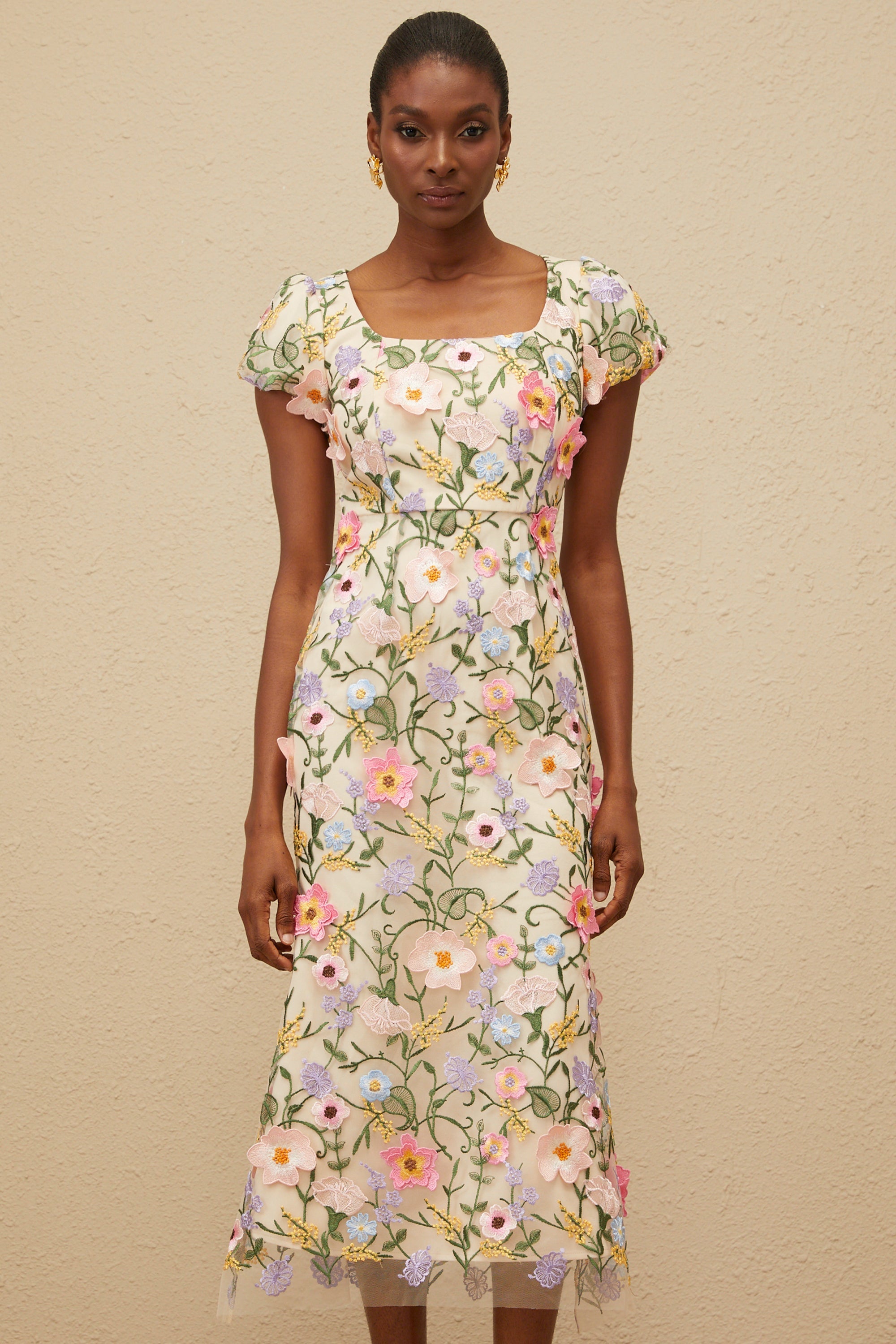 Enjouée Neutral Floral Embroidered Midi Dress