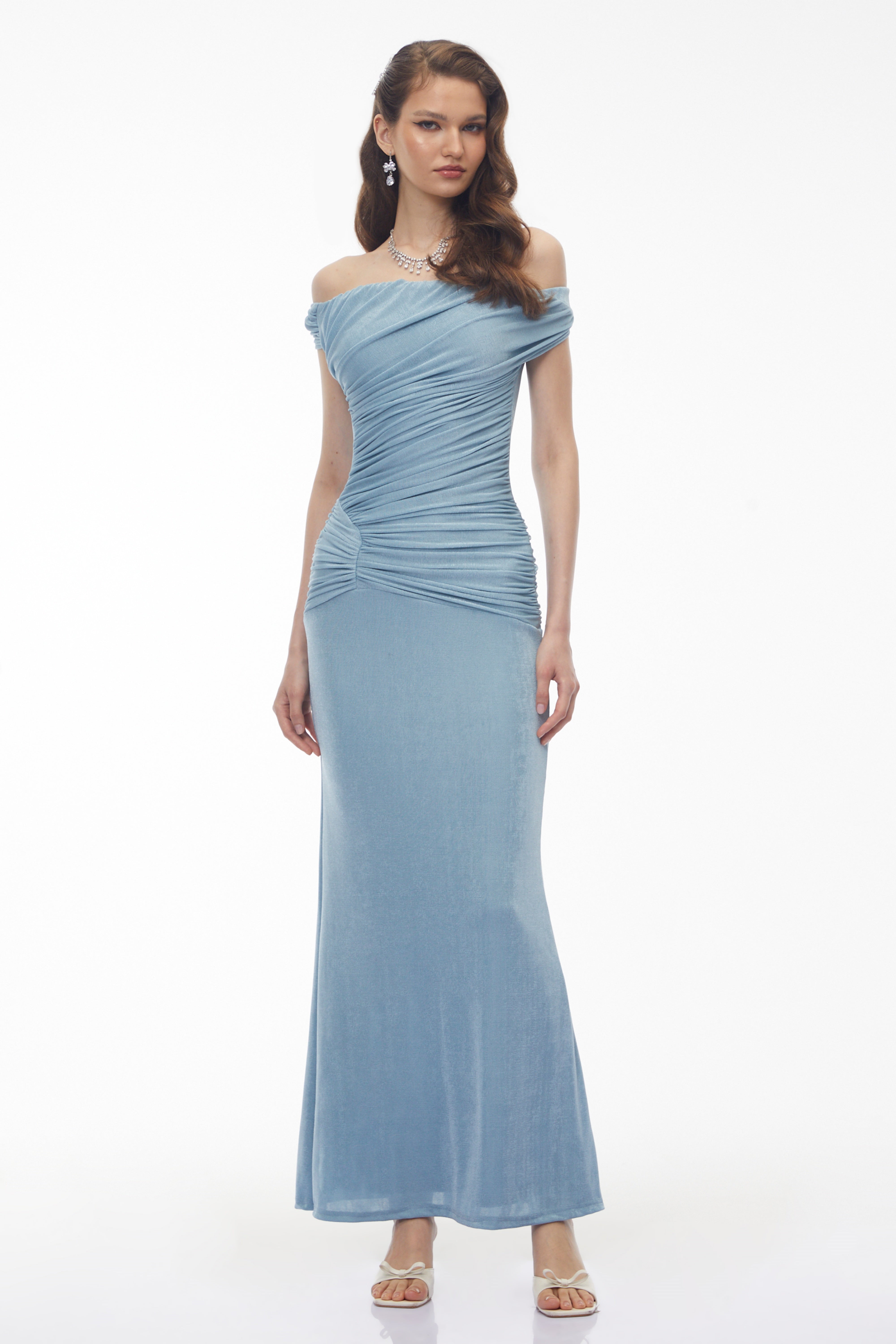 Paula Dusty Blue Asymmetrical Ruched Maxi Dress