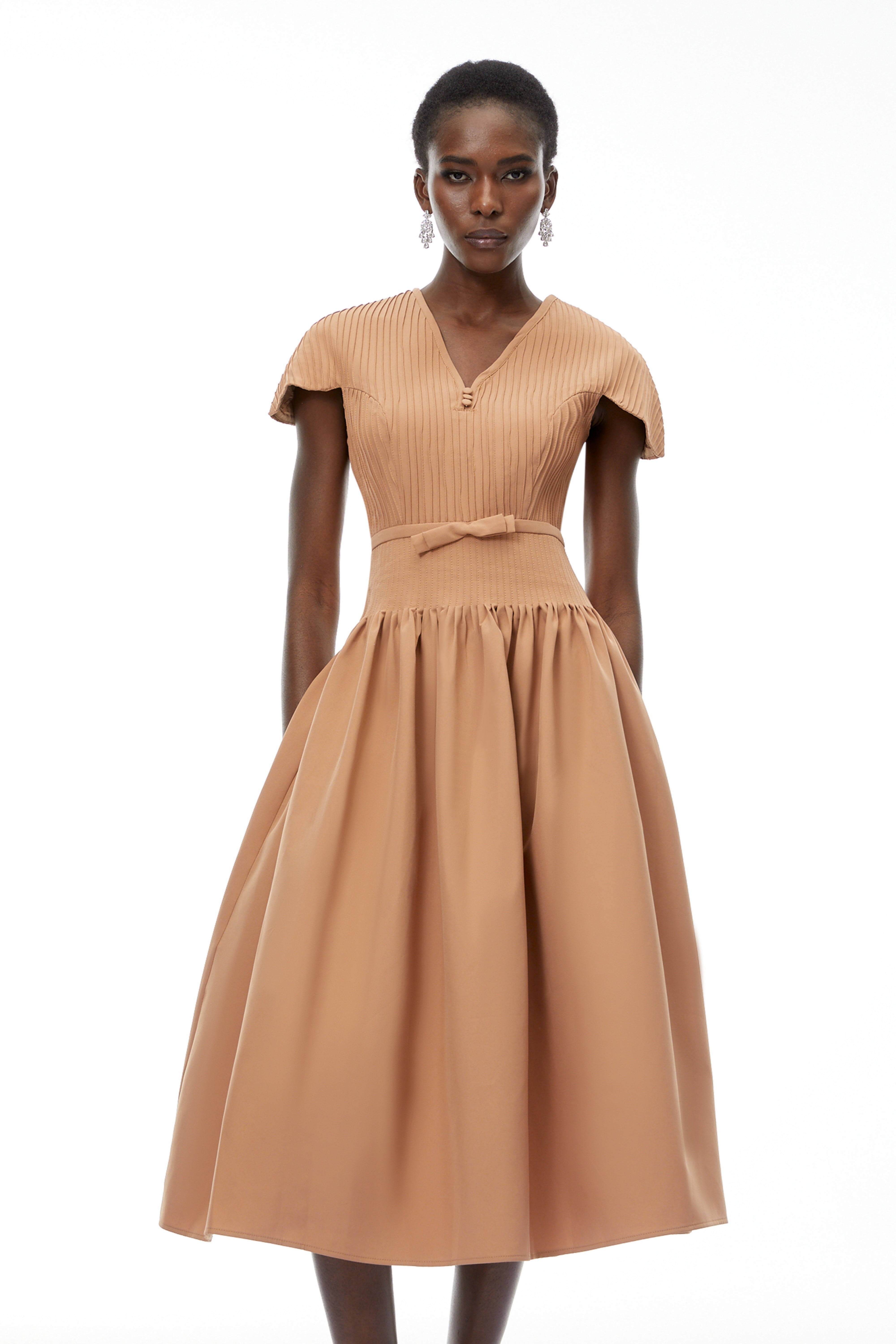 Phoebe Khaki Pleated Midi Dress with V-Neck