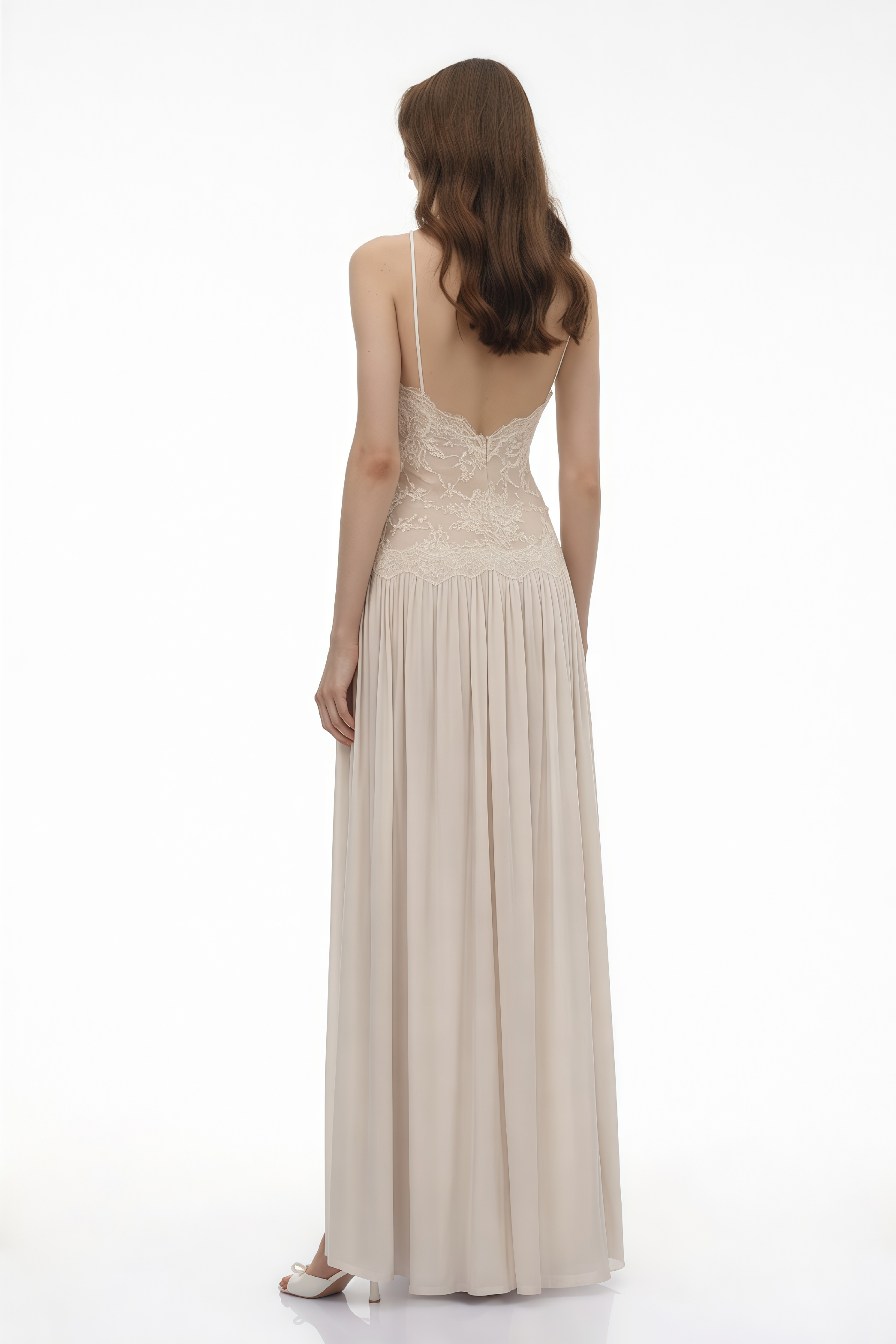 Reine White Pleated Maxi Dress with Lace Panels
