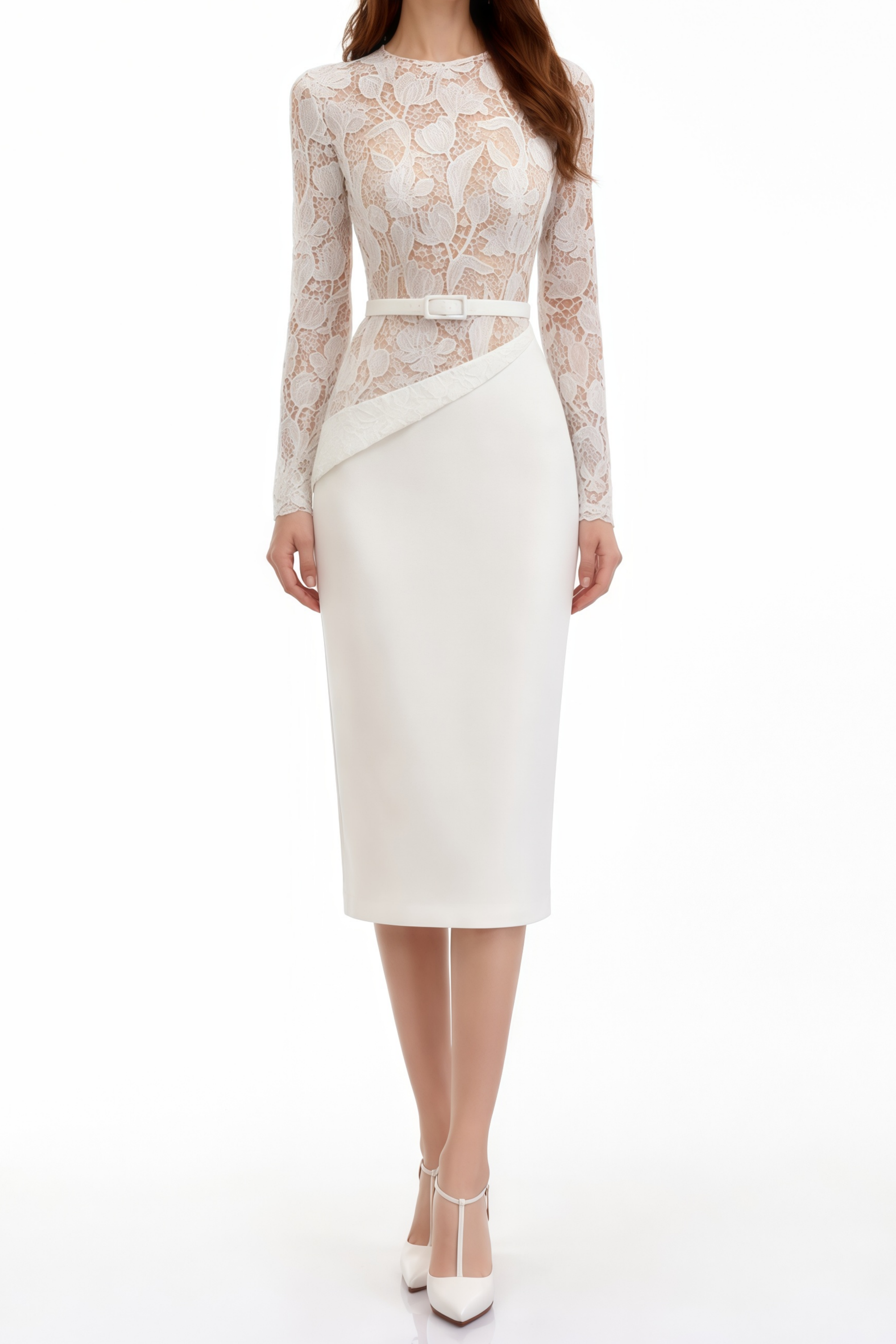 Sabine White Lace Panel Midi Dress