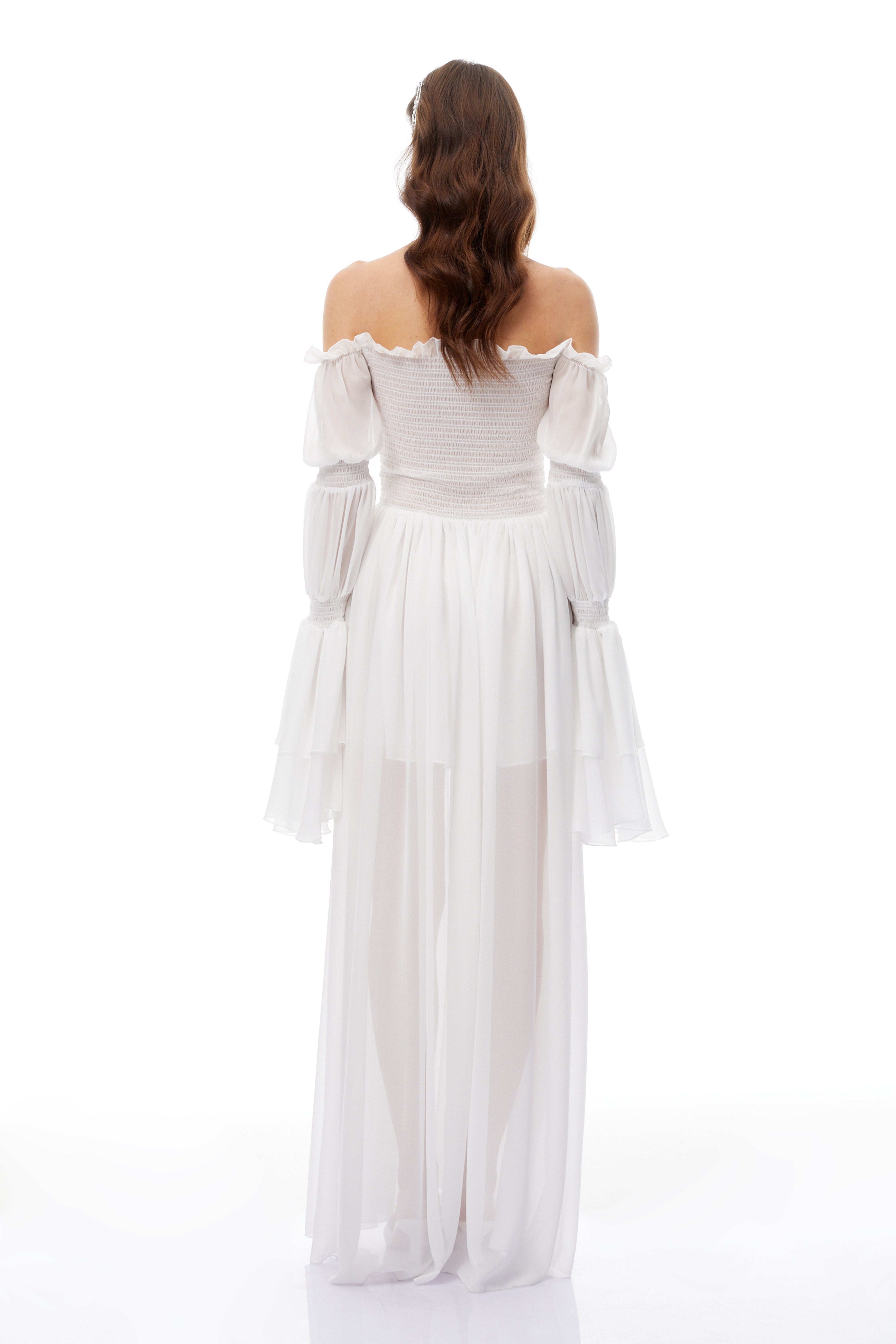 Stefania White Smocked Shirred Chiffon Maxi Dress