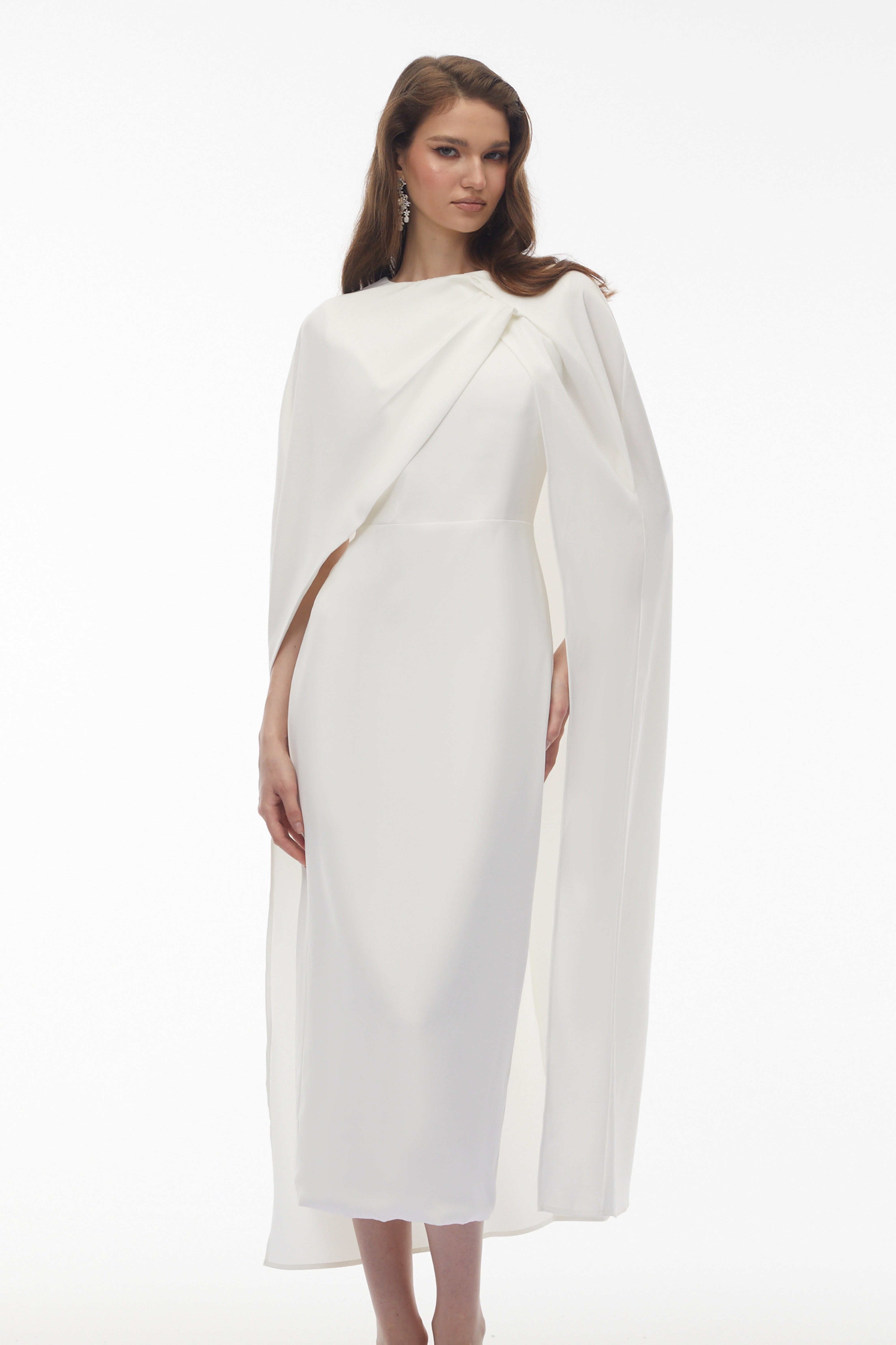 Tetyana White Cape Asymmetrical Midi Dress