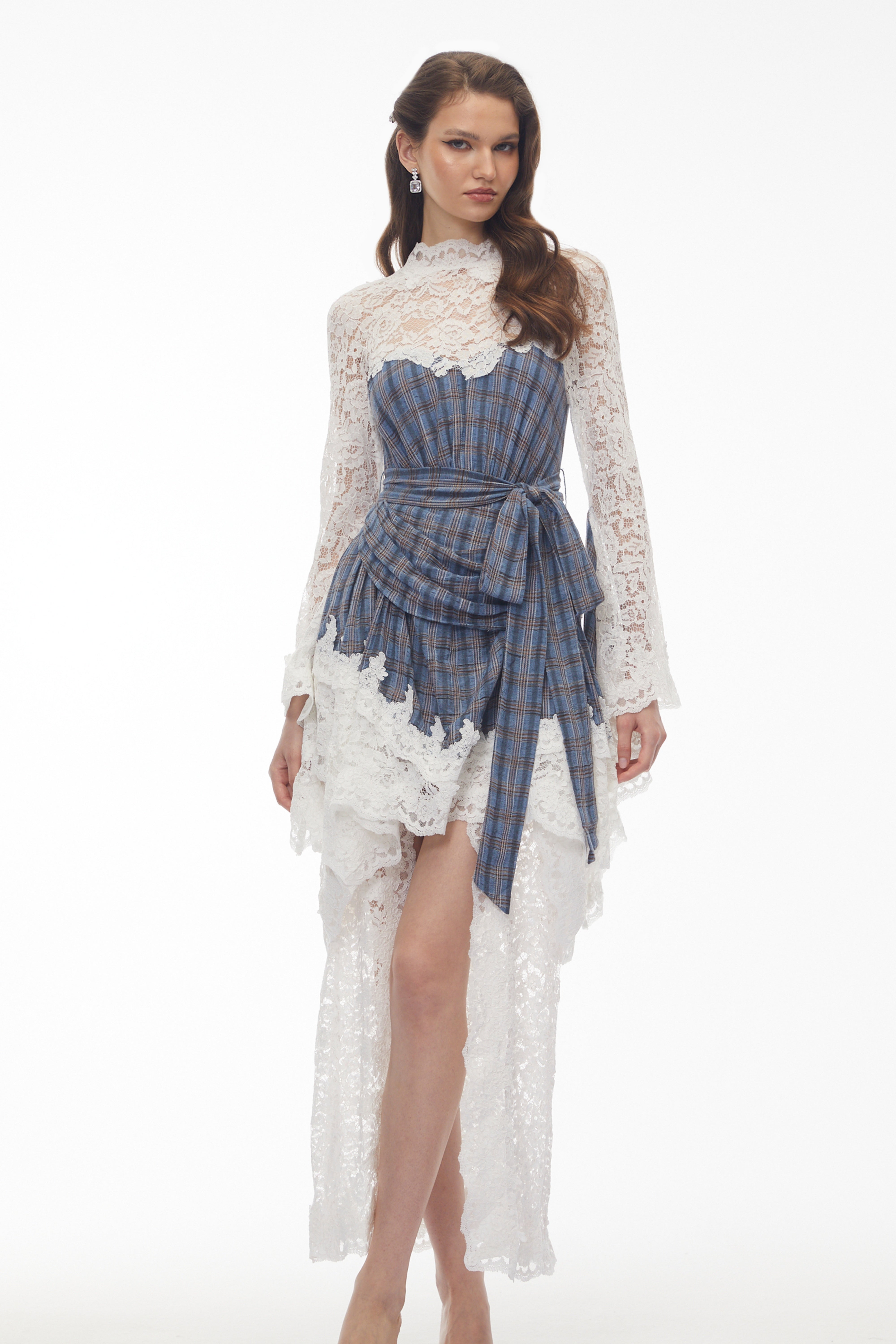 Thalassa Blue Checked Floral Lace Midi Dress