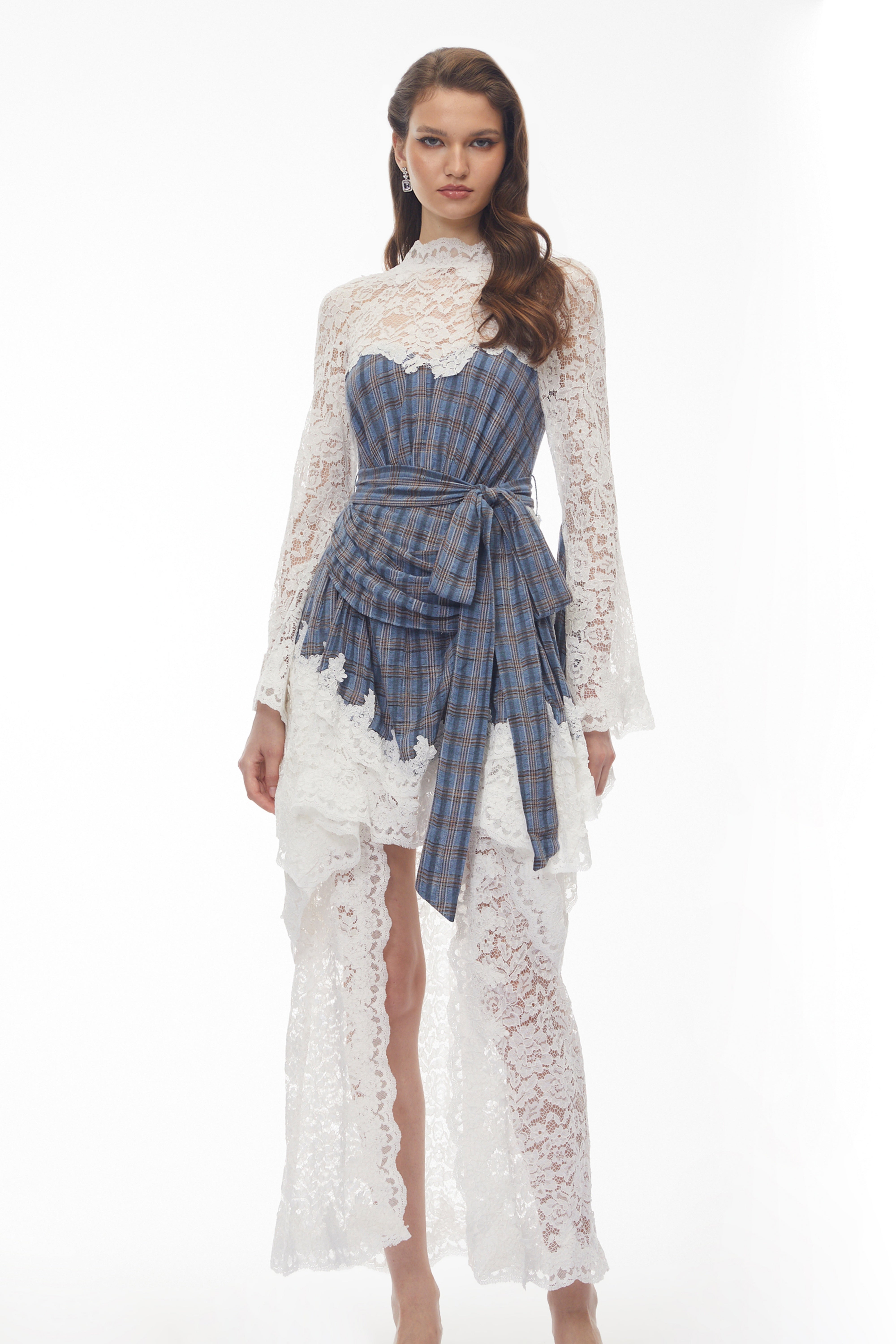 Thalassa Blue Checked Floral Lace Midi Dress