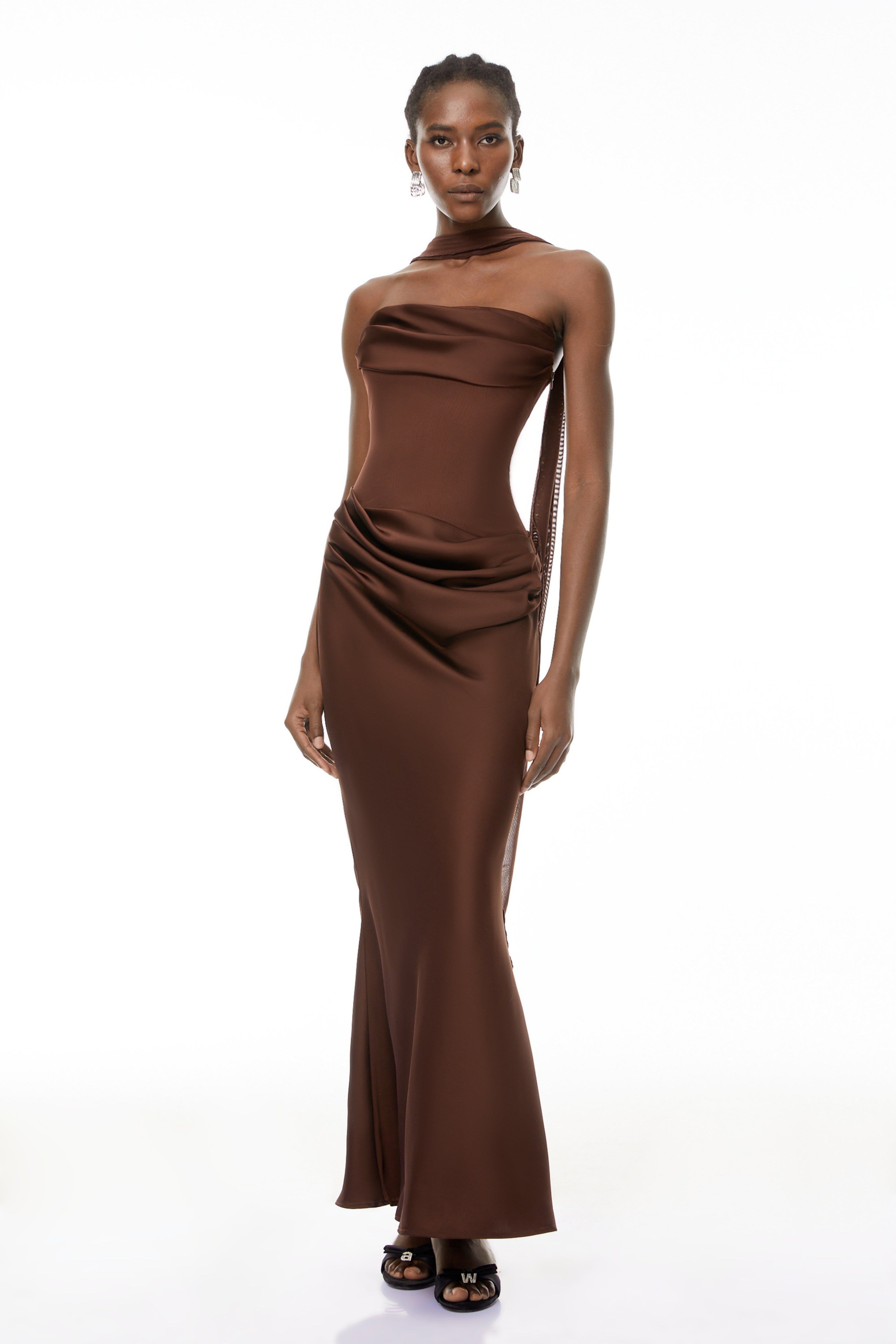 Vedette Brown Ruched Corset Maxi Dress (Without Gloves)