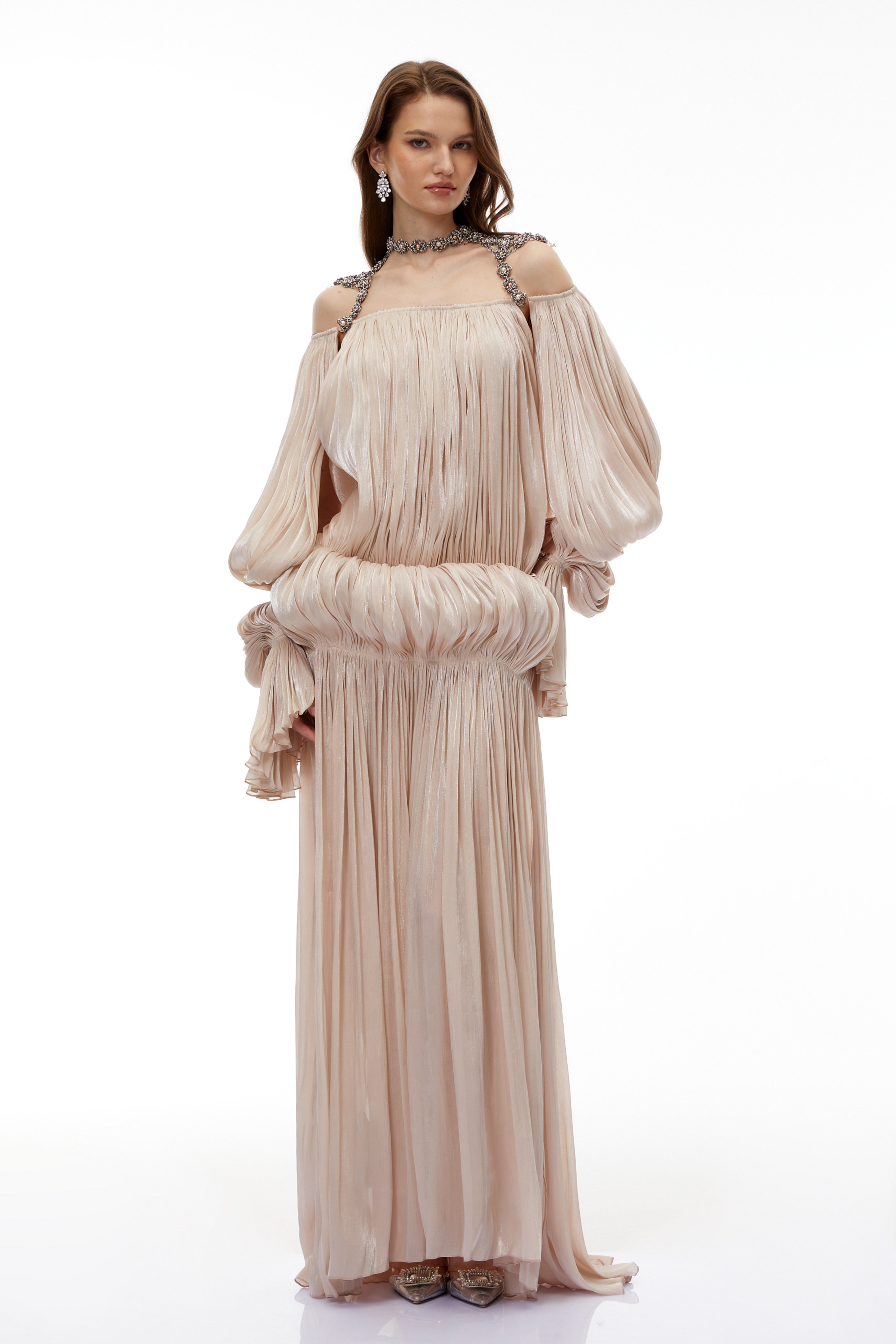Vlasta Khaki Ruched Bubble Maxi Dress with Chain