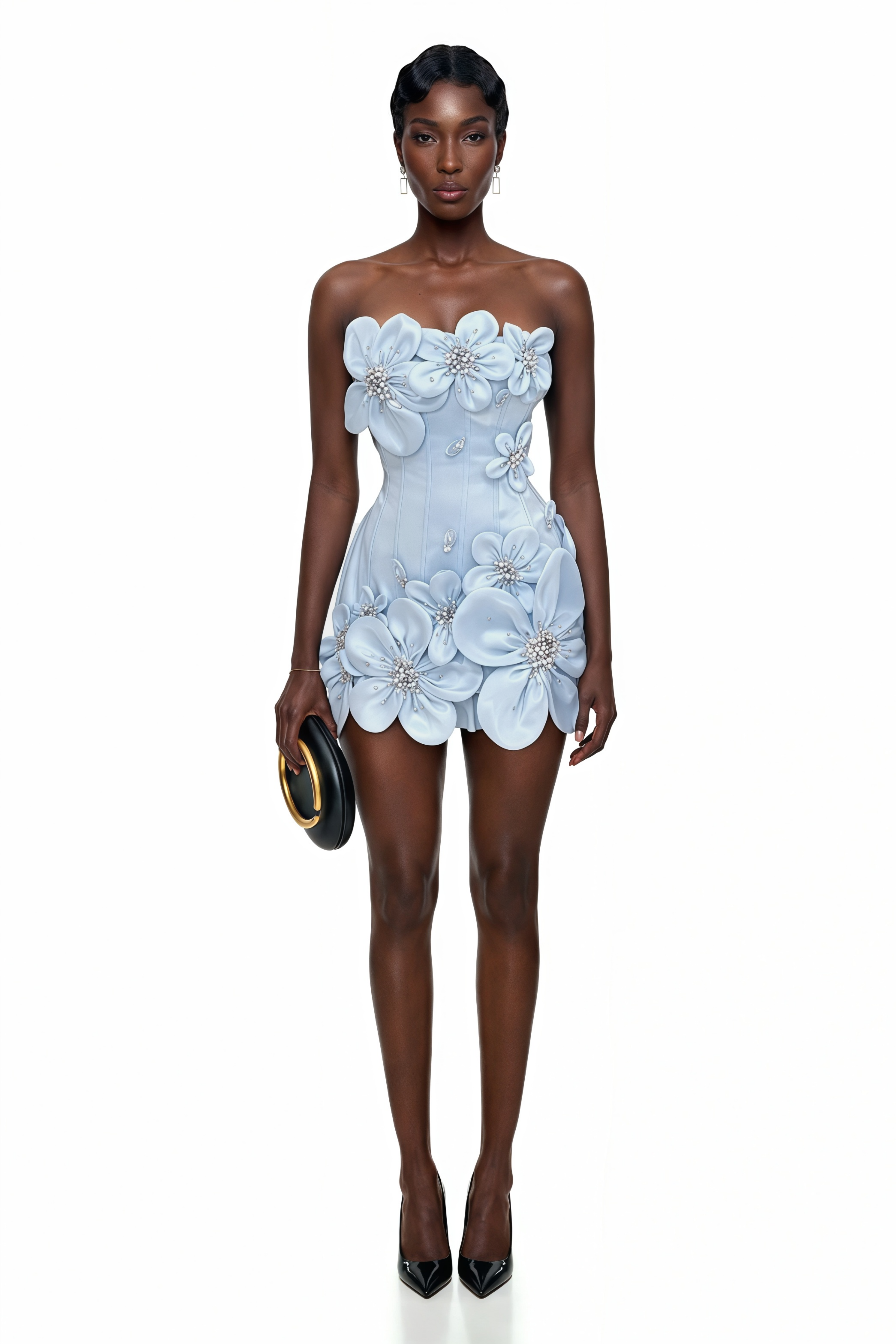 Widaad Blue Off Shoulder Mini Dress with 3D Petals