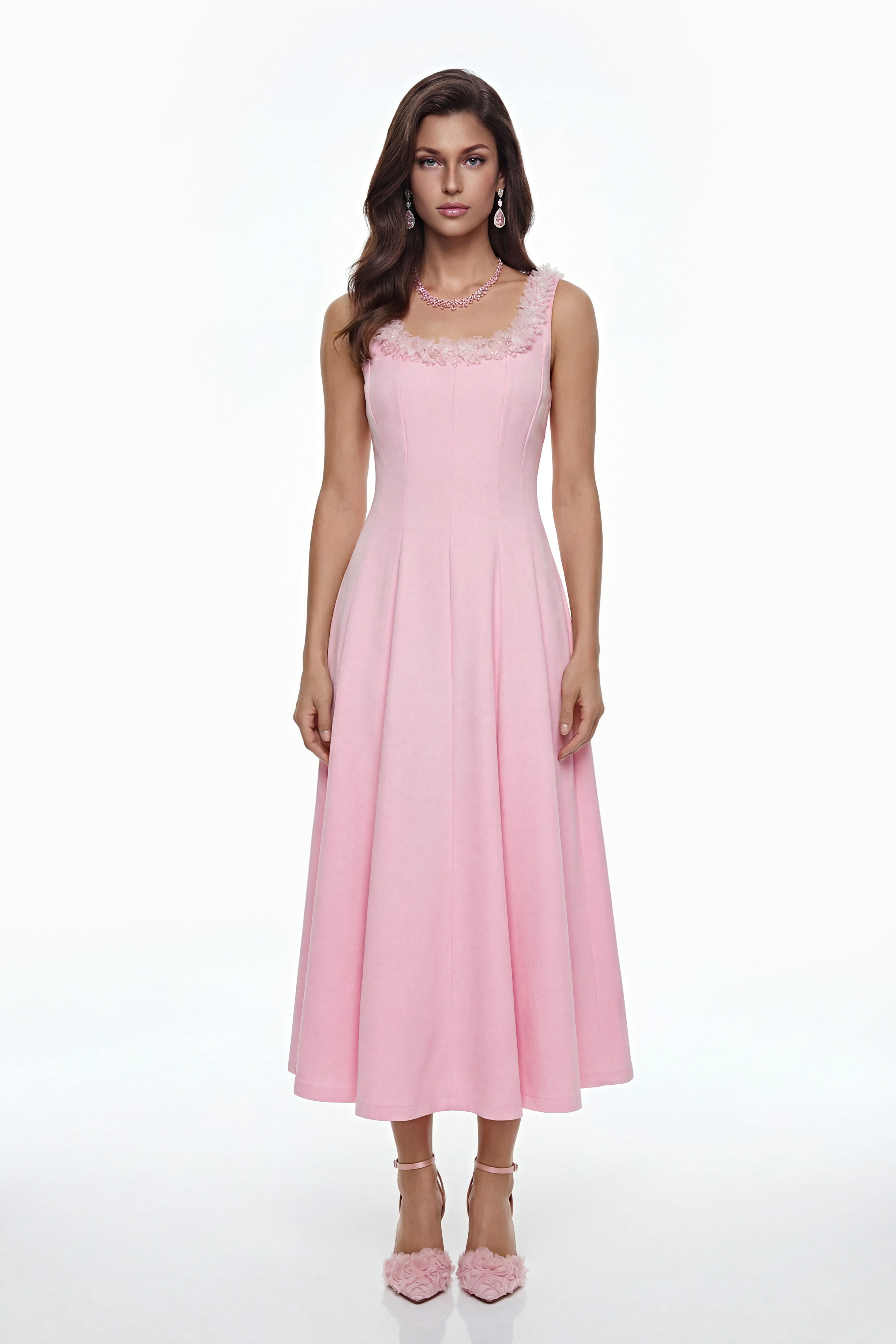 Zinnia Pink Pleated Midi Dress with 3D Petals