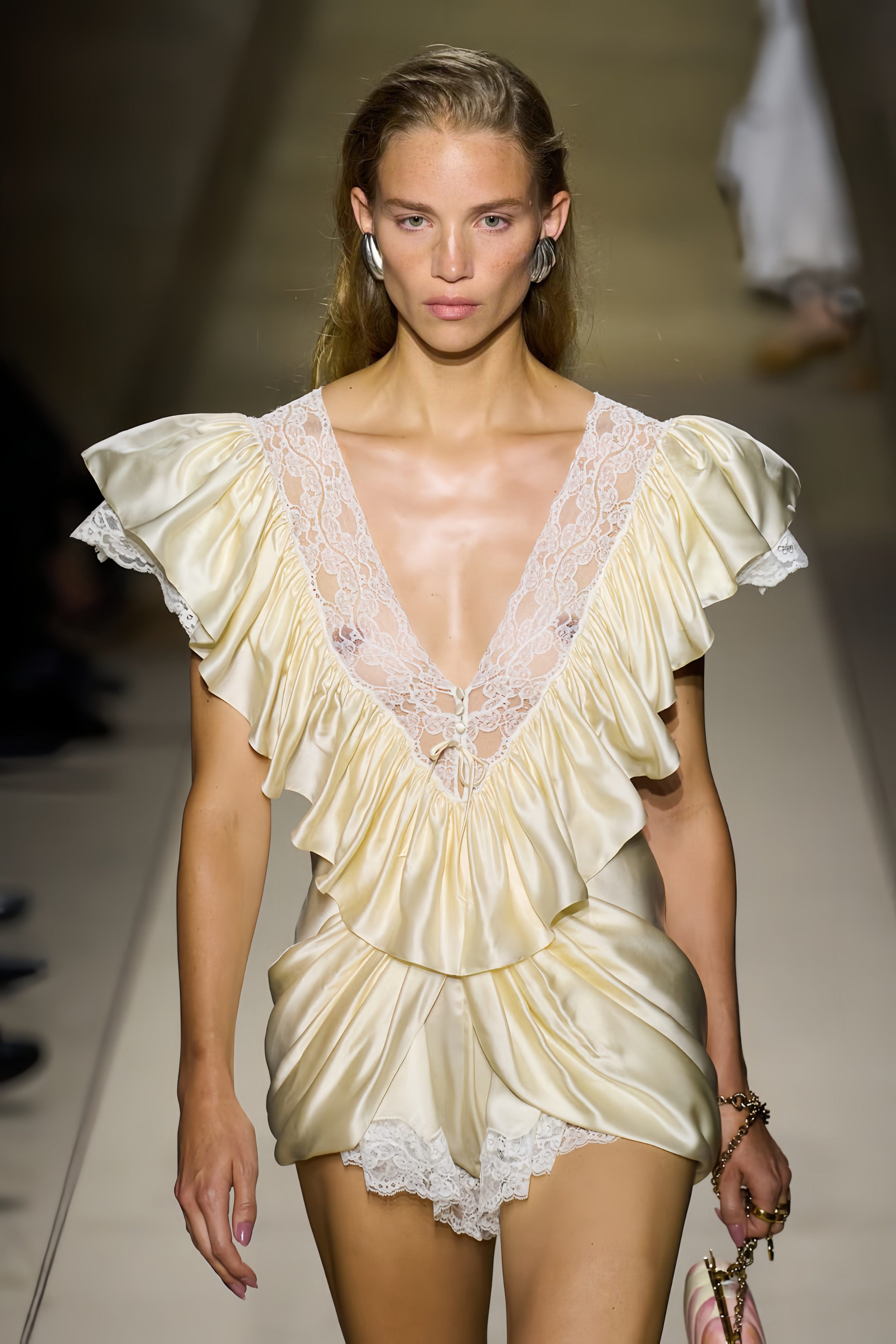 Nani Cream Plunge Neck Satin Jumpsuit with Lace Panels