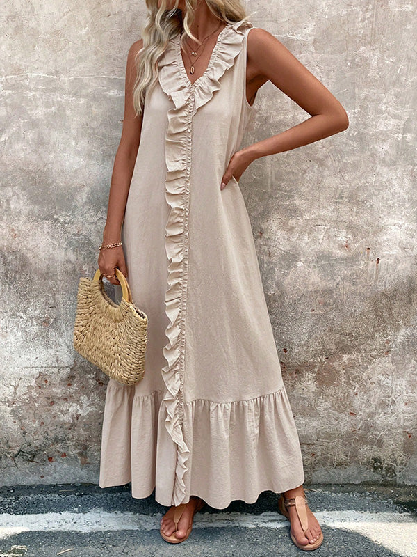 Ruffle Trim V-Neck A-Line Maxi Dress