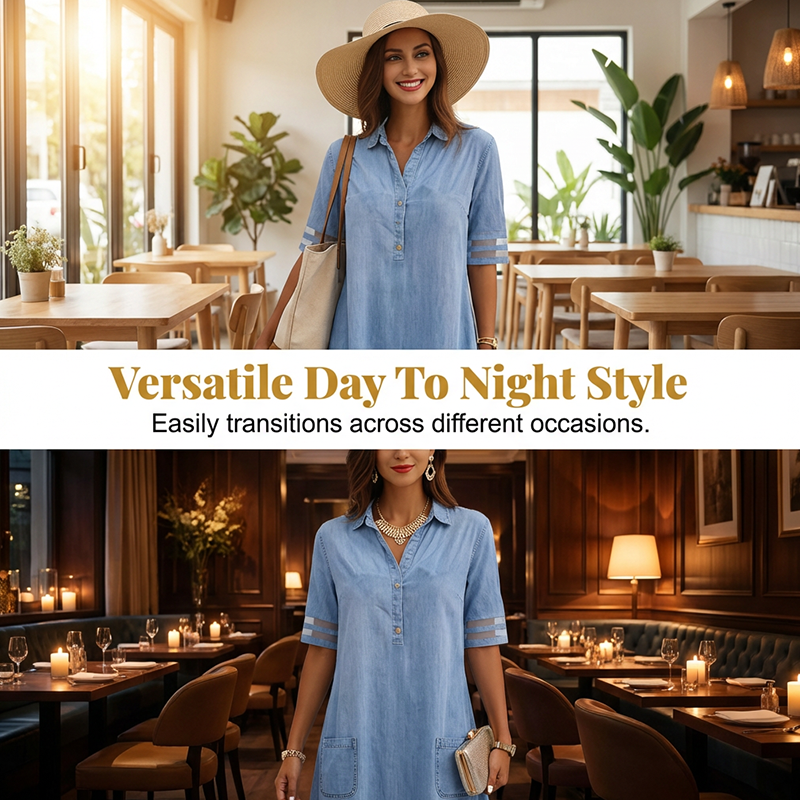 Relaxed Fit A-Line Denim Dress with Mesh Sleeve Detail
