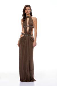 Maëlle Brown Cut-out Ruched Maxi Dress