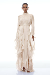 Zélie Neutral Glossy Pleated Ruffled Maxi dress