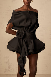 Amélie Black Floral Appliqué Flounced Mini Dress