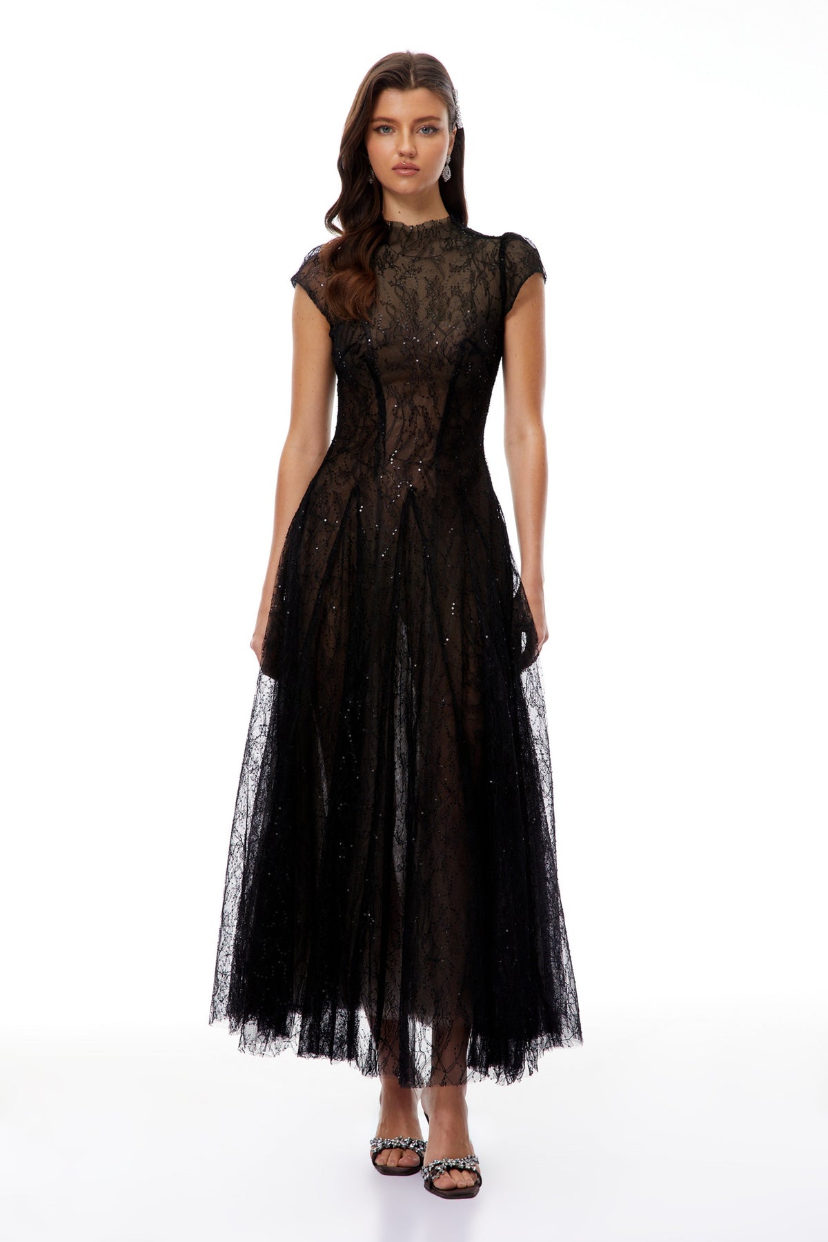 Velia Black Lace Glitter Tulle Maxi Gown