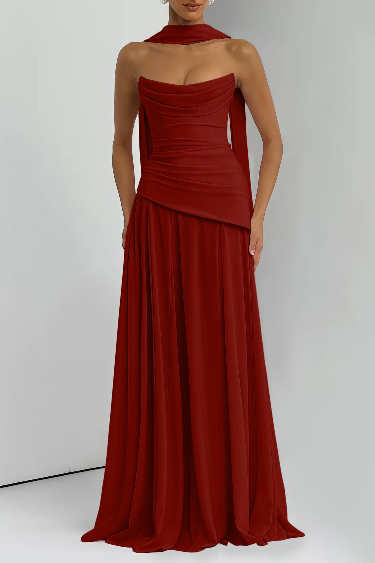 Romane Burgundy Strapless Corset Chiffon Maxi Dress
