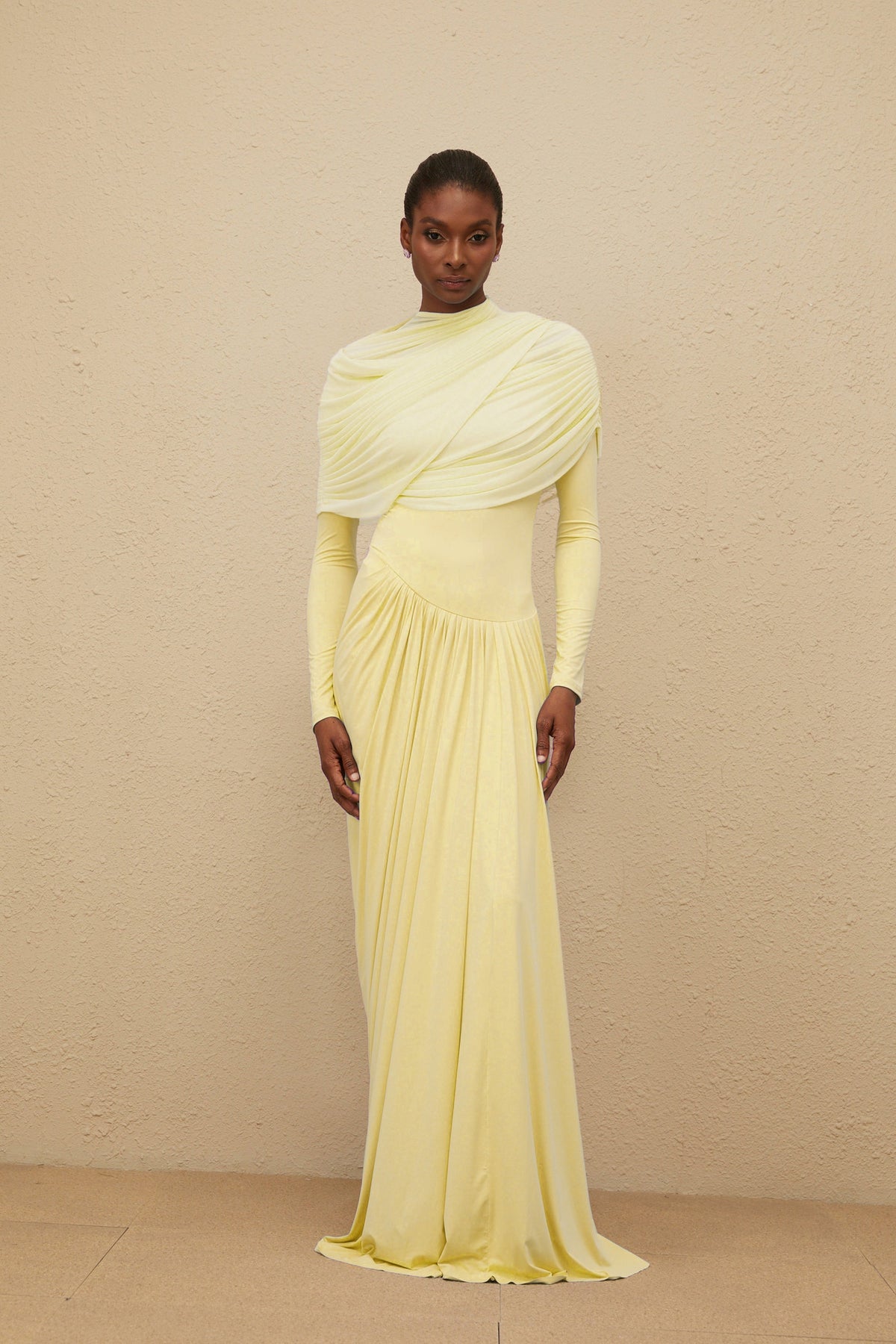 Catherine Yellow Asymmetrical Pleated Long-Sleeve Maxi Dress