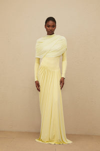 Catherine Yellow Asymmetrical Pleated Long-Sleeve Maxi Dress