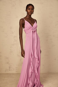 Ysandre Rose-Pink 3D Petal Tulle Maxi Dress