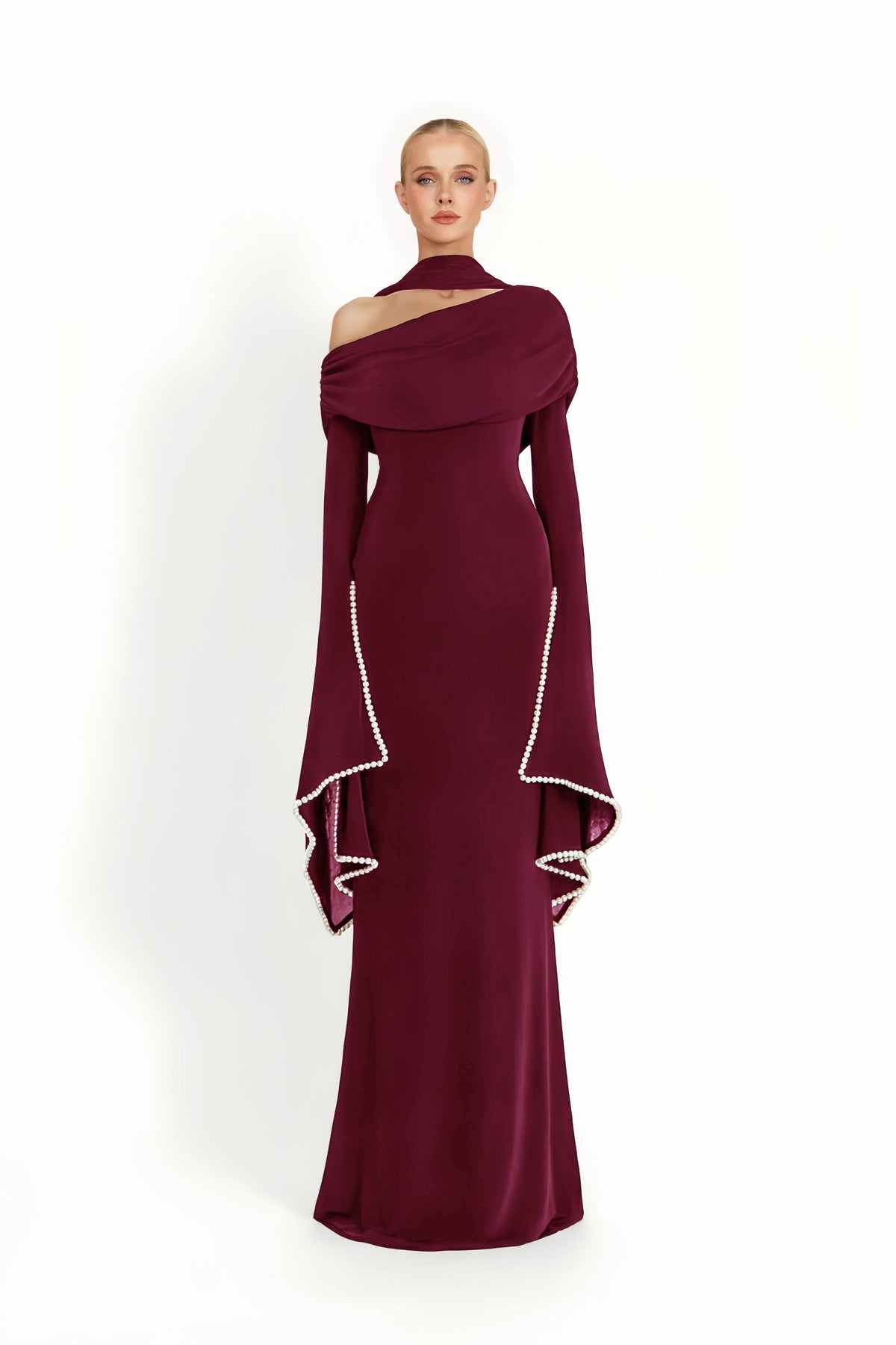 Simona Burgundy One Shoulder Pearl Trim Maxi Gown