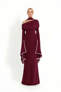 Simona Burgundy One Shoulder Pearl Trim Maxi Gown