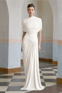 Catherine White Asymmetrical Pleated Maxi Dress