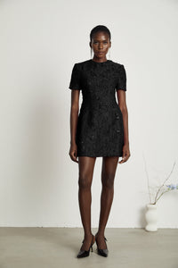 Celestia Floral-Appliqué Embellished Mini Dress in Black