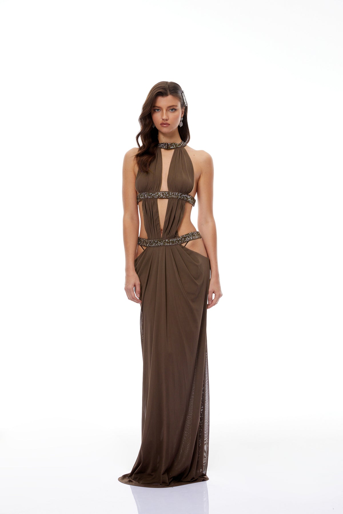 Maëlle Brown Cut-out Ruched Maxi Dress