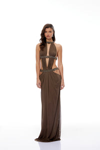 Maëlle Brown Cut-out Ruched Maxi Dress