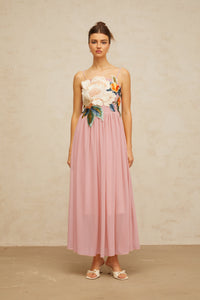 Josette floral-embroidered shirred maxi dress in Pink