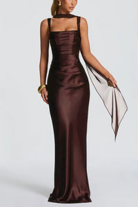 Inmaculada Brown Ruched Satin Maxi Dress (Without Gloves)
