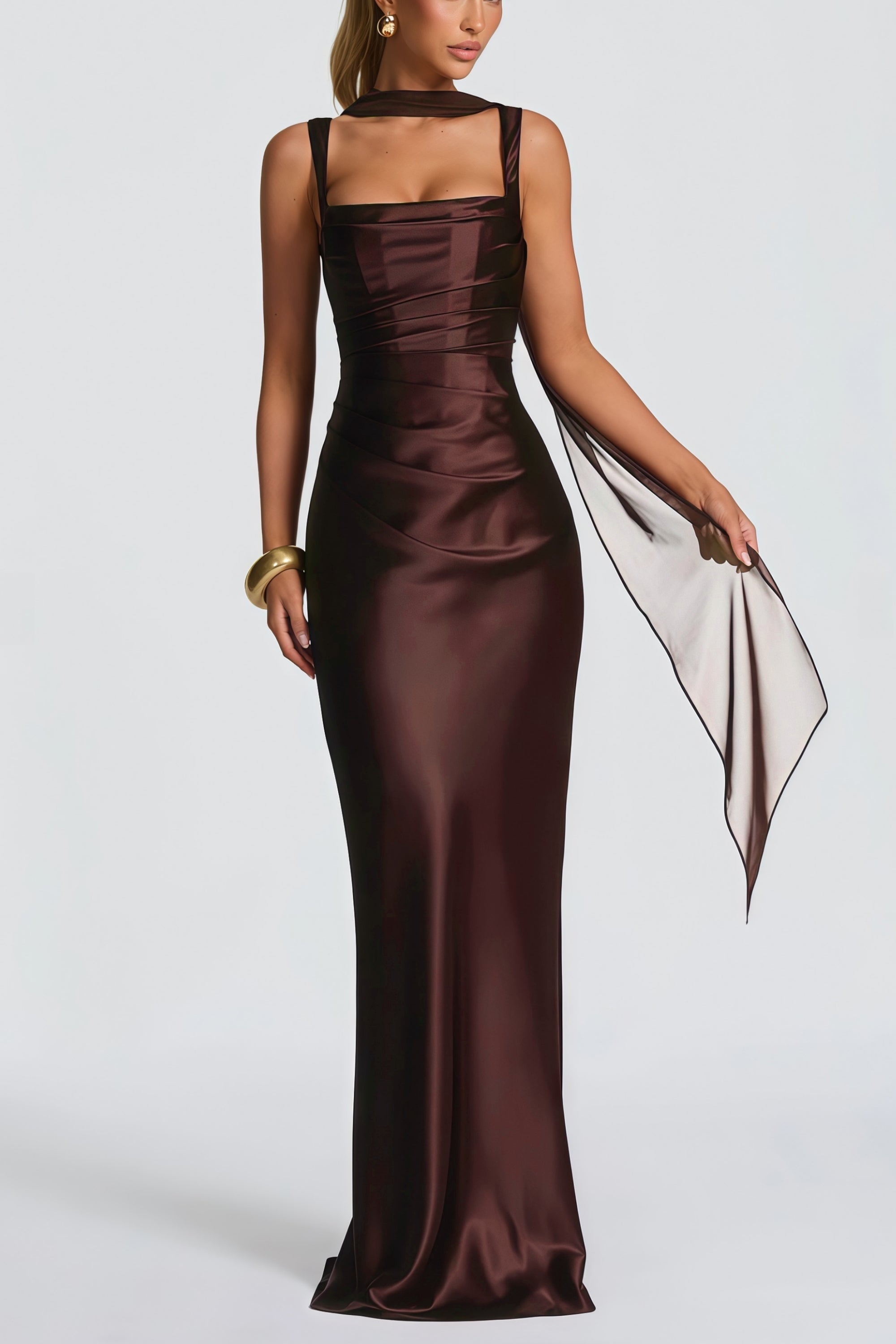 Inmaculada Brown Ruched Satin Maxi Dress (Without Gloves)