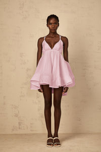 Quincie Pink Shirred Flounced Mini Dress