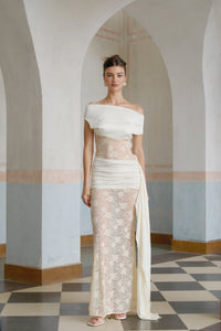 Lilou neutrals ribbon panelled floral-lace maxi dress