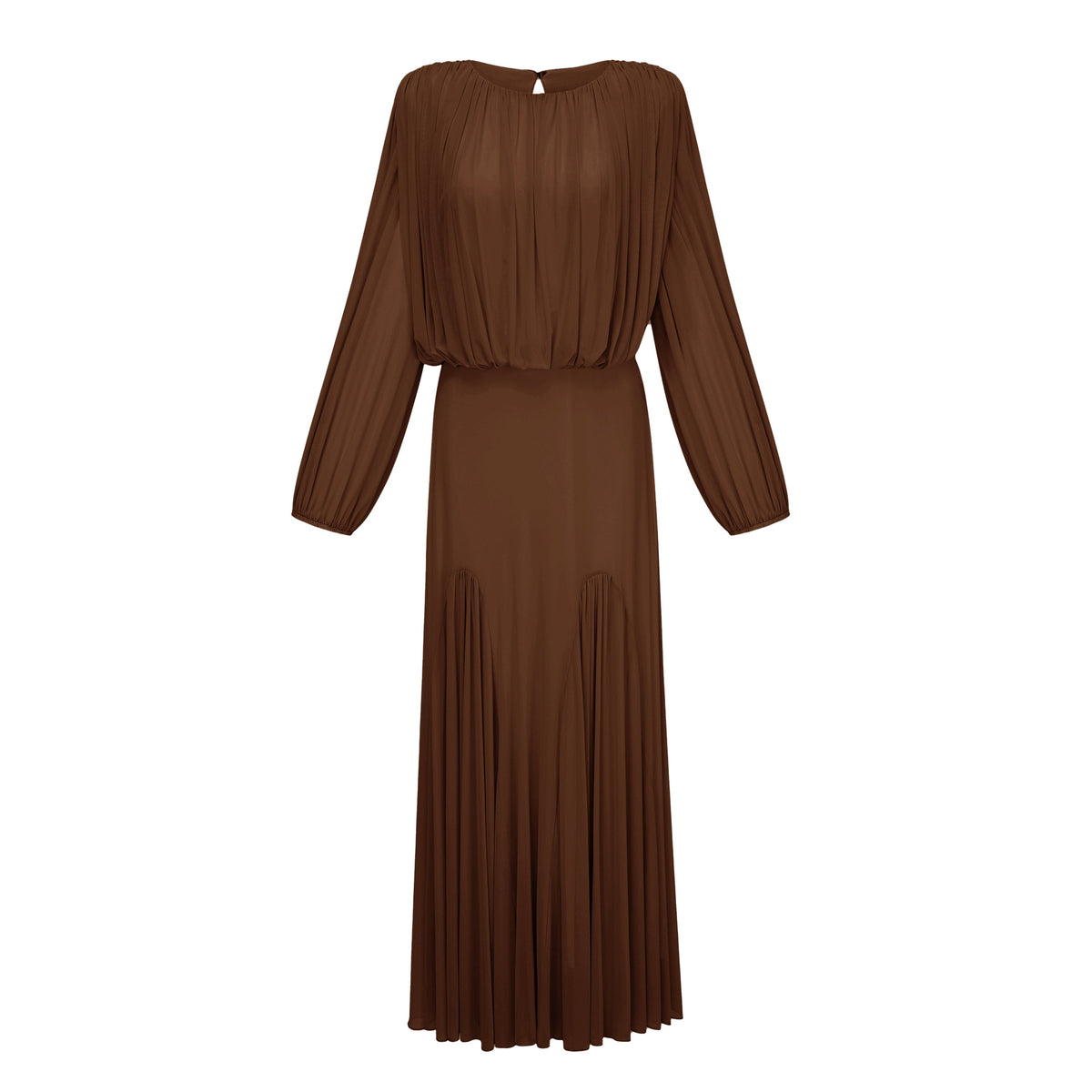 Annabelle Brown Lantern Sleeve Pleated Maxi Dress
