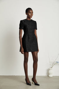 Celestia Floral-Appliqué Embellished Mini Dress in Black
