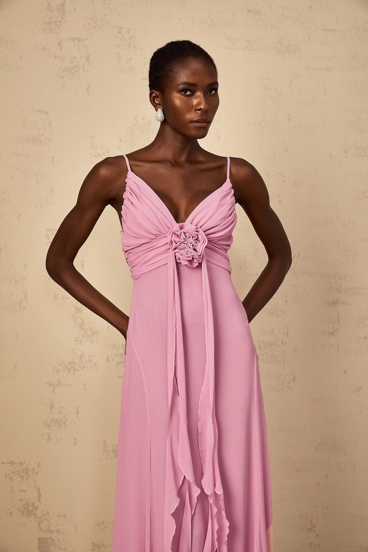 Ysandre Rose-Pink 3D Petal Tulle Maxi Dress