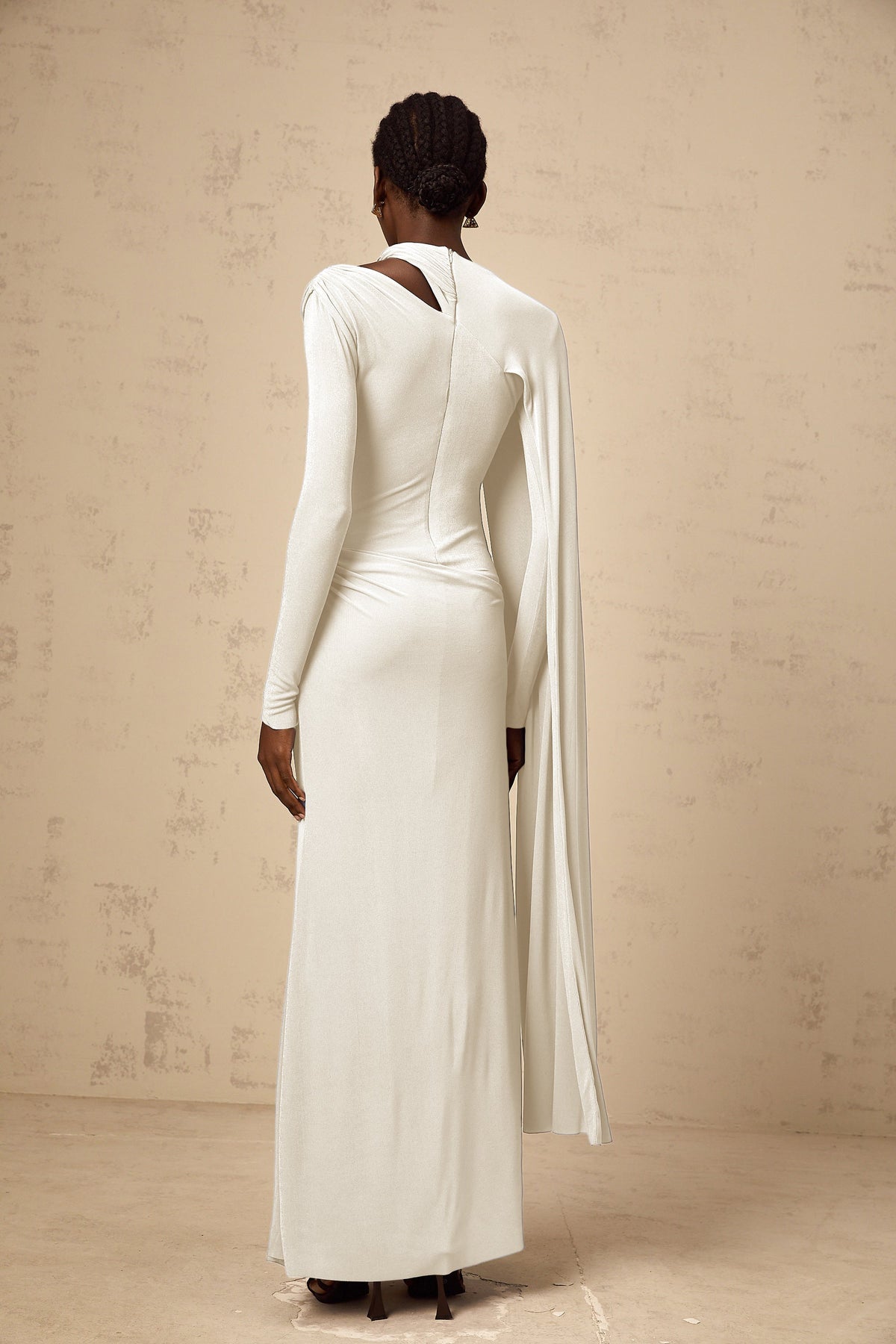 Josette White Diagonal Shawl Fitted Maxi Dress