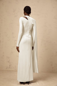 Josette White Diagonal Shawl Fitted Maxi Dress