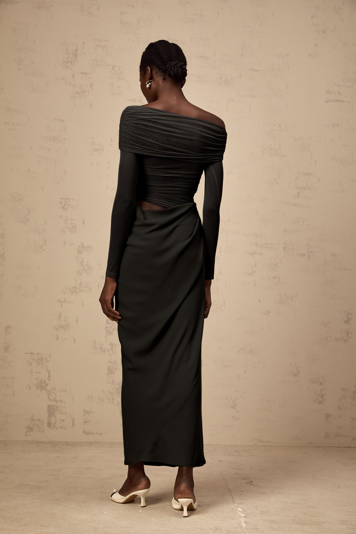 Estelle off-shoulder semi-sheer midi dress in Black