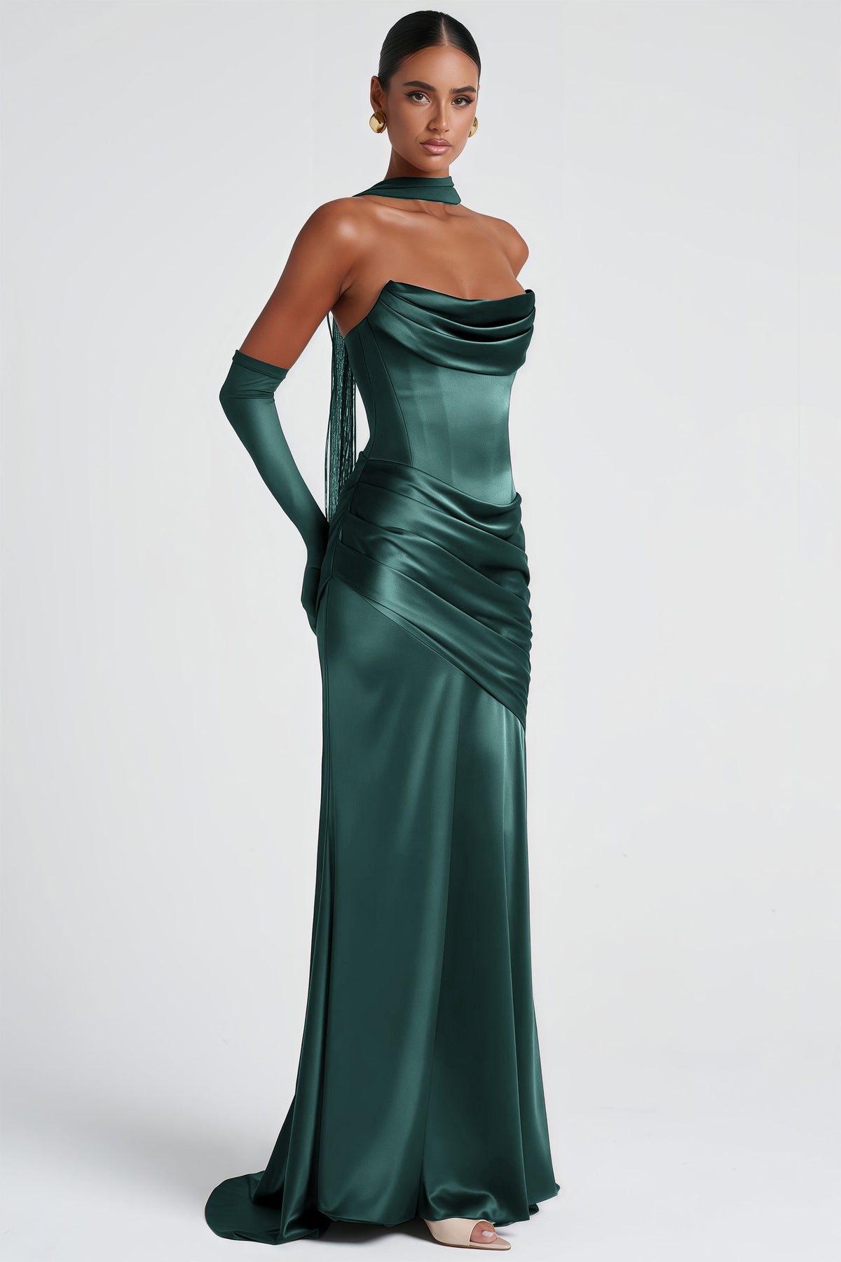 Marilou Green Ruched Satin Maxi Dress