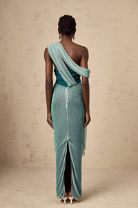 Delphine green ribbon-design corset maxi dress