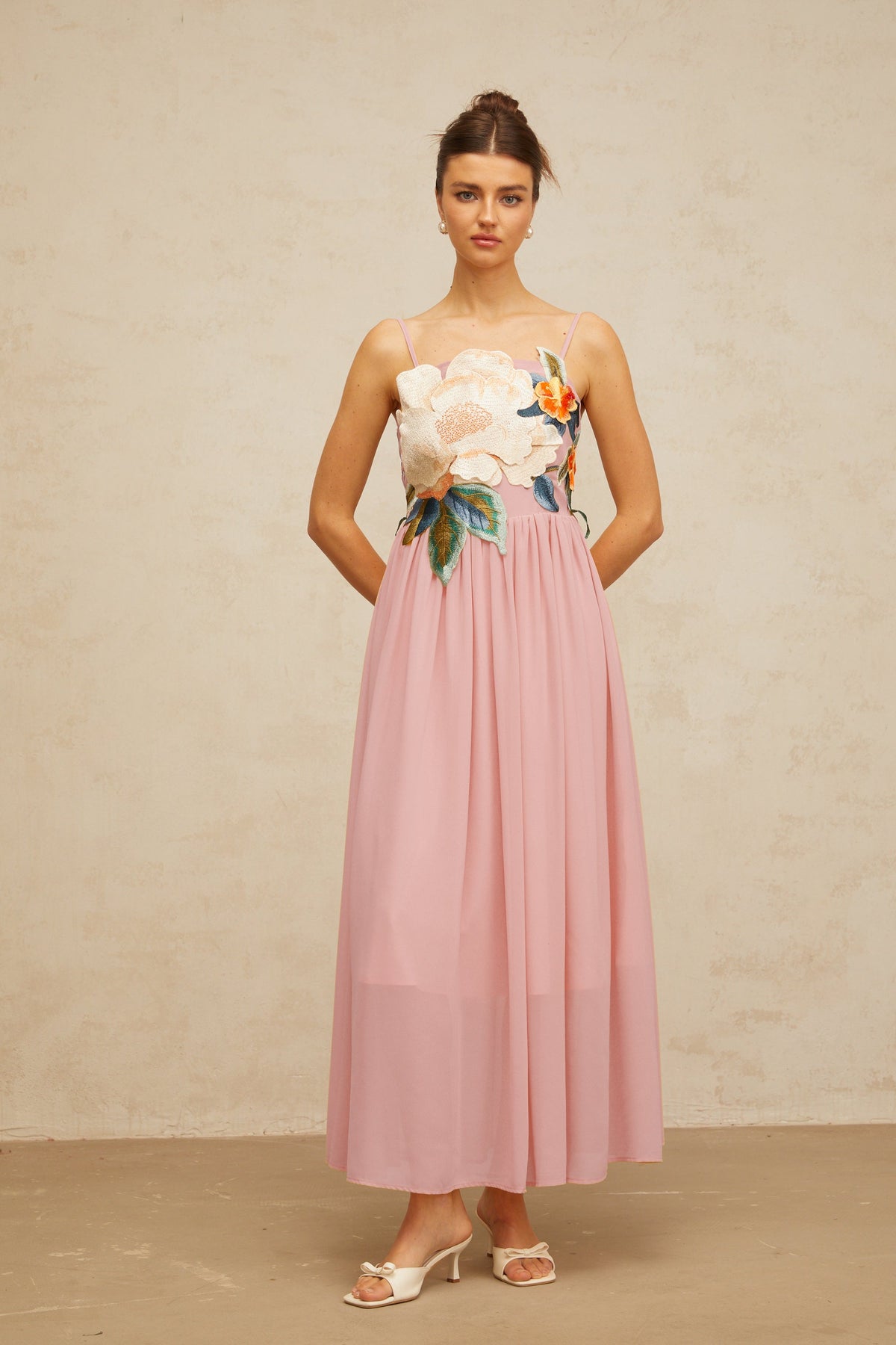 Josette floral-embroidered shirred maxi dress in Pink