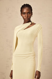 Josette Yellow Diagonal Shawl Fitted Maxi Dress